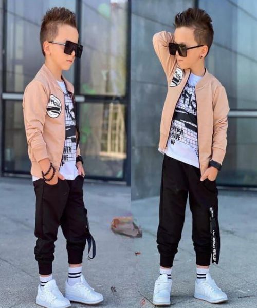 Printed Casual Set Round Neck Full Sleeve 3 Pieces For Boys - Black Beige