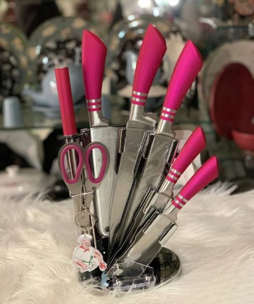 Stainless Steel Knife Set With Scissors 7 Pieces - Pink