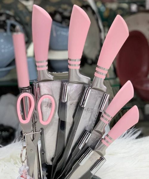 Stainless Steel Knife Set With Scissors 7 Pieces - Pink