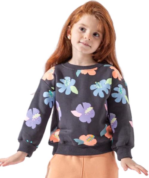 Flower Pajama Long Sleeve Round Neck For Kids - Black Orange
