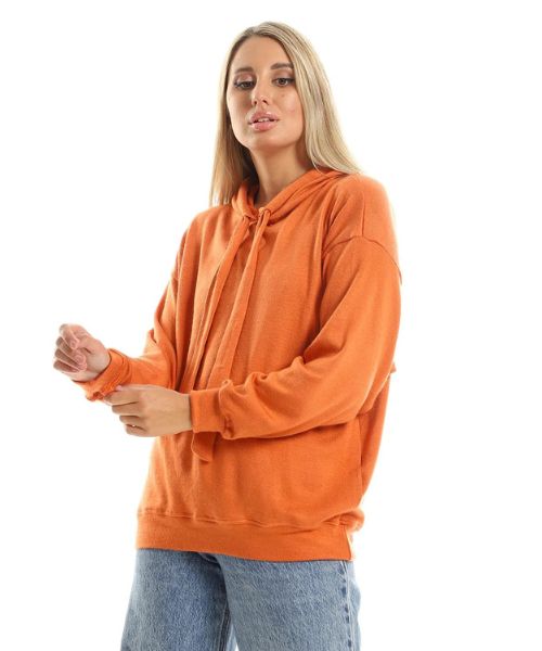 Andora Solid Cotton Hoodie Full Sleeve With Capiccio For Women - Orange