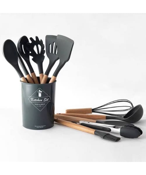 Silicone Cooking Utensil Set With Wooden Handle And Holder 12 Pieces - Black