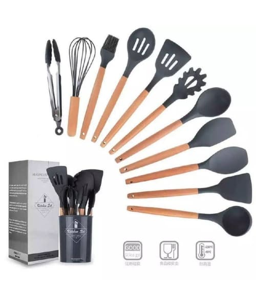 Silicone Cooking Utensil Set With Wooden Handle And Holder 12 Pieces - Black
