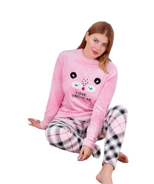 Printed Velvet Pajama Full Sleeve Round Neck 2 Pieces For Women - Pink