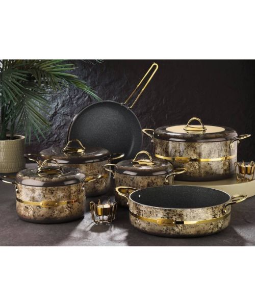 Granite Cookware Set With Frying Pan And Oven Tray 10 Pieces - Beige