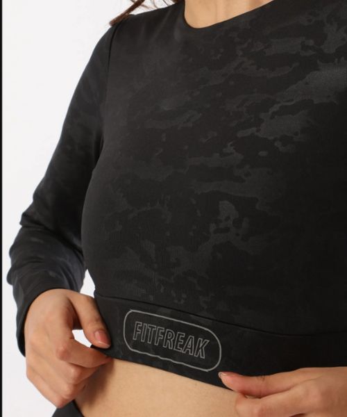 Fit Freak Printed Crop Top Full Sleeve Round Neck For Women - Black