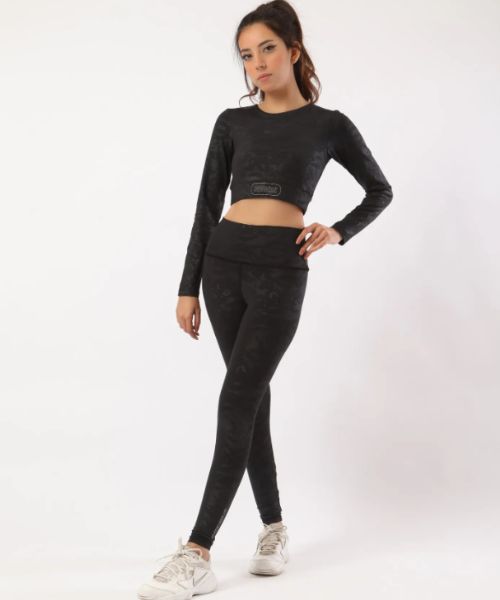 Fit Freak Printed Crop Top Full Sleeve Round Neck For Women - Black