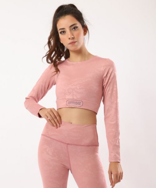 Fit Freak Printed Crop Top Full Sleeve Round Neck For Women - Pink
