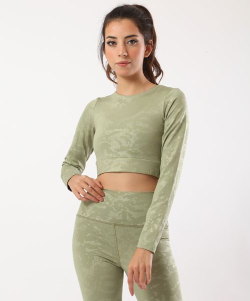Fit Freak Printed Crop Top Full Sleeve Round Neck For Women - Light Green