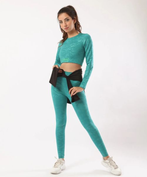 Fit Freak Printed Crop Top Full Sleeve Round Neck For Women - Turquoise
