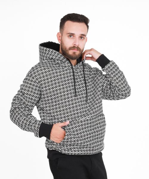 Activ Printed Hoodie With Capiccio And Pockets Full Sleeve For Men - White Black