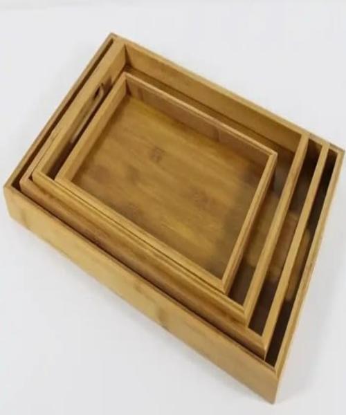  صينية تقديم من خشب الصنوبر الطبيعي 4 قطع مجموعة خشبية الخيزران الشاي تخدم صينية طعام ، المطبخ ، غرفة المعيشة