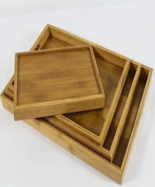  صينية تقديم من خشب الصنوبر الطبيعي 4 قطع مجموعة خشبية الخيزران الشاي تخدم صينية طعام ، المطبخ ، غرفة المعيشة