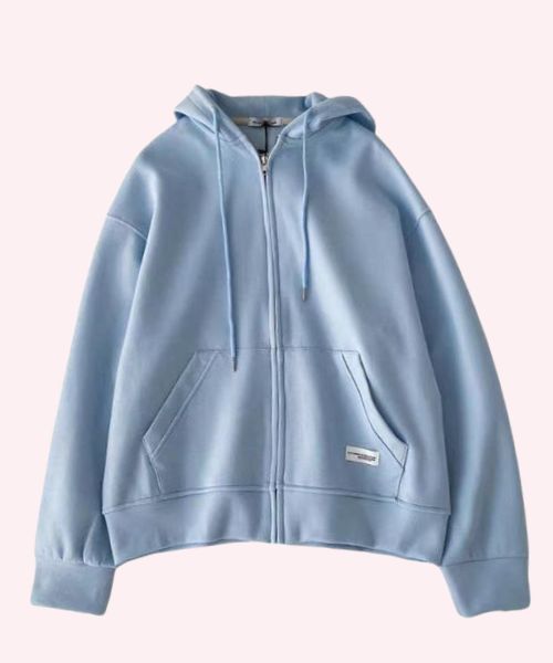 Solid Milton Sweatshirt With Capiccio And Zipper Full Sleeve For Women - Light Blue