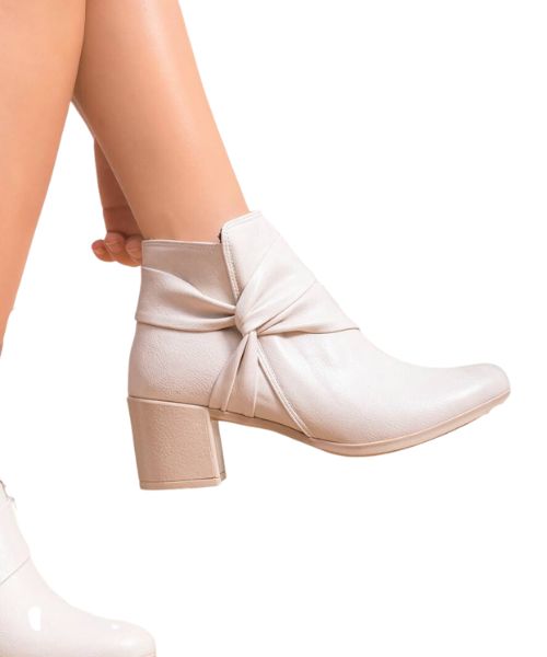 Solid Medium heel Faux Leather Half Boot  For Women - Off White