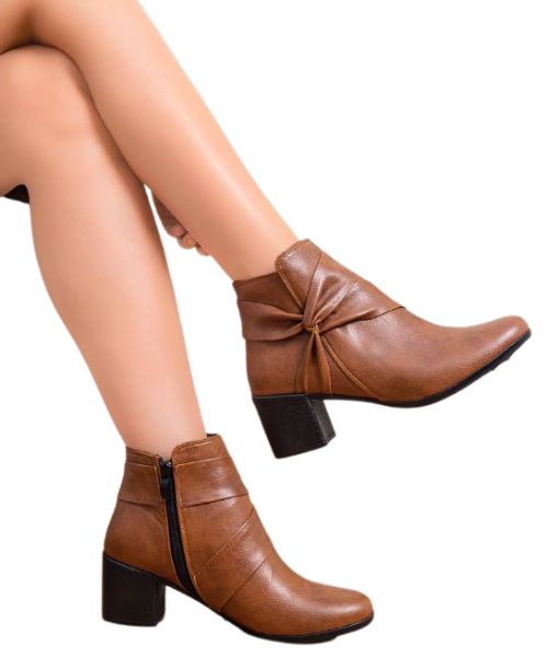 Solid Medium heel Faux Leather Half Boot  For Women - Havana