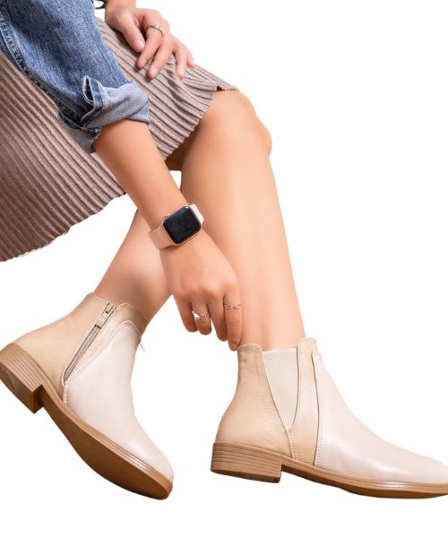 Solid Faux Leather Half Boot  For Women - Beige