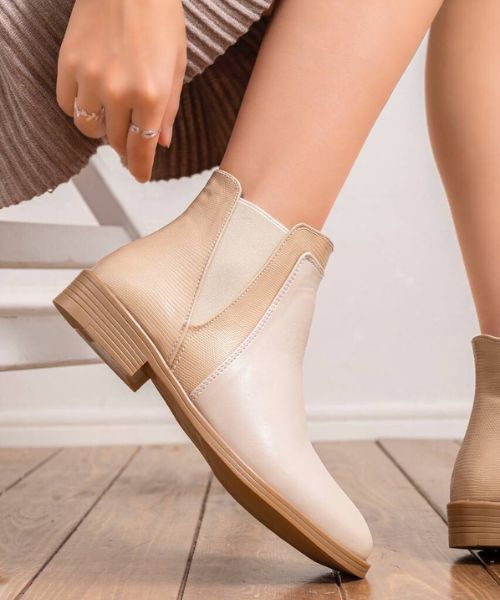 Solid Faux Leather Half Boot  For Women - Beige