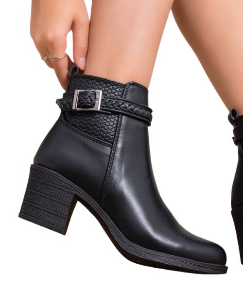 Solid Medium heel Faux Leather Half Boot  For Women - Black