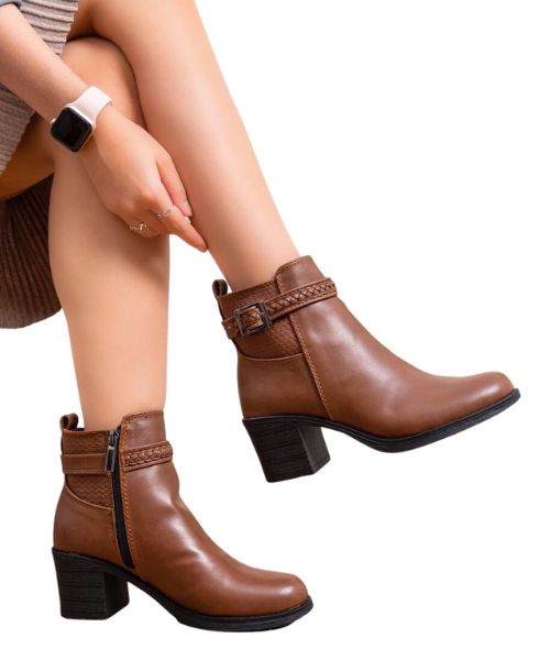 Solid Medium heel Faux Leather Half Boot  For Women - Brown