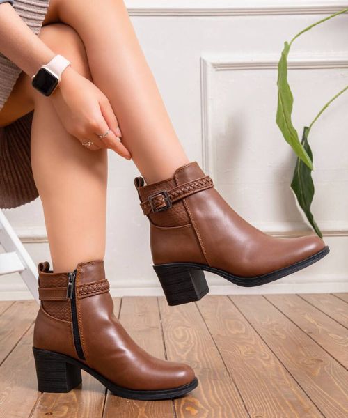 Solid Medium heel Faux Leather Half Boot  For Women - Brown