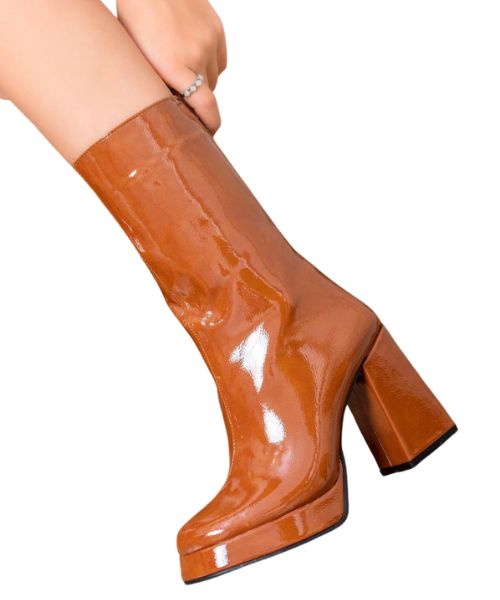 Solid High heel Faux Leather Boot  For Women - Havana