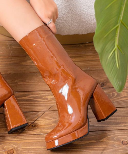 Solid High heel Faux Leather Boot  For Women - Havana