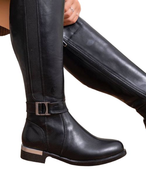 Solid Faux Leather Boot  For Women - Black