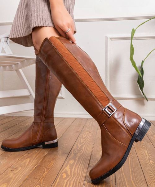 Solid Faux Leather Boot  For Women - Havana