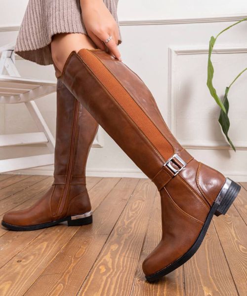 Solid Faux Leather Boot  For Women - Havana