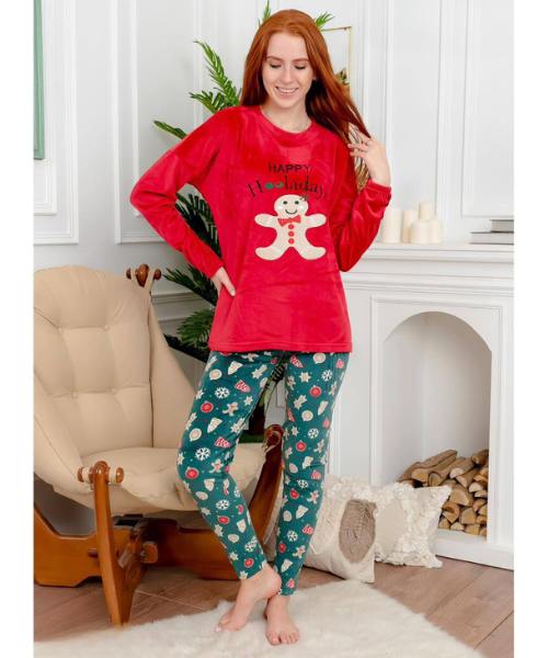Christmas Printed Velvet Pajama Full Sleeve Round Neck 2 Pieces For Women -  Green Red