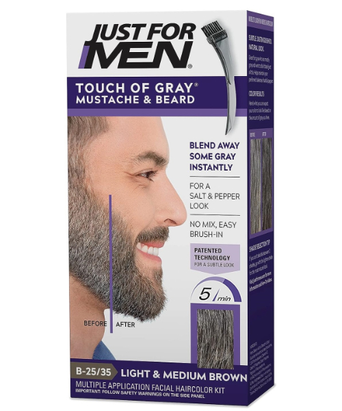 Just For Men Touch of Gray Mustache & Beard Coloring, Great for a Salt and Pepper Look - Light & Medium Brown, B-25/35