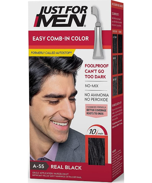 Comb-In Color , Gray Hair Coloring for Men with Comb Applicator Included, Easy No Mix Application - Real Black, A-55