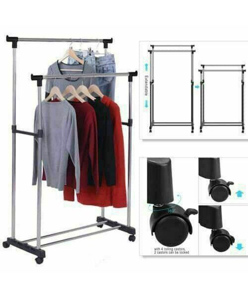 Extendable Stainless Steel Clothes Stand Double With Wheels - Black Silver