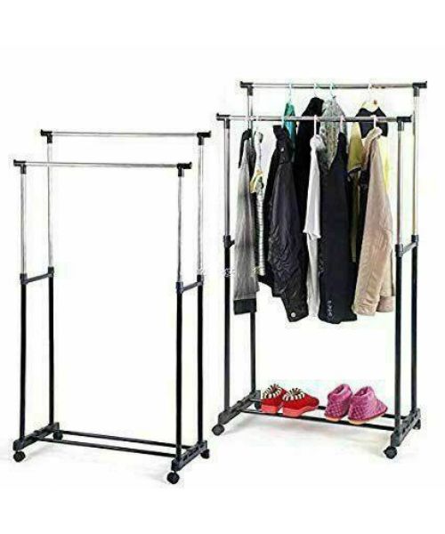 Extendable Stainless Steel Clothes Stand Double With Wheels - Black Silver