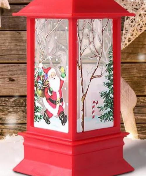 Christmas Printed Acrylic Lantern With Candle 25 Cm- Red