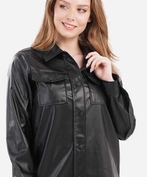 Solid Jacket Faux Leather With Buttoned Full Sleeve For Women - Black