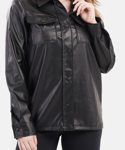 Solid Jacket Faux Leather With Buttoned Full Sleeve For Women - Black