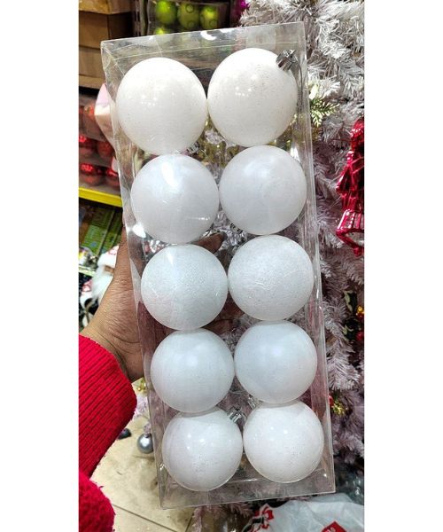 Ball Shaped Pendants Set For Decorate Christmas Tree 10 Pieces 8 Cm - White