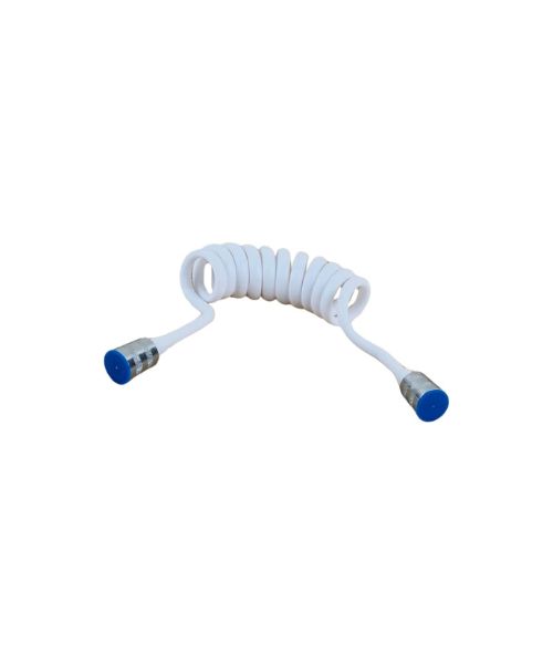 A white spiral shower hose and bidet that extends to a length of one and a half metres