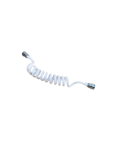 A white spiral shower hose and bidet that extends to a length of one and a half metres