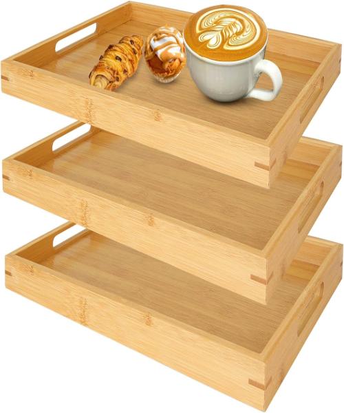 JMatri Wooden Tray Set of 3, 14" x 10" x 1.2", Rectangular Bamboo Tray with Handles, Breakfast Tray, Dining Trays, Serving Tray for Dinner, Tea and Dessert by Maz Design