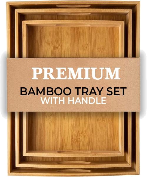 Bamboo wooden serving tray with handles, 3 pieces, rectangular tray in large, small and medium sizes for serving breakfast and food for the kitchen, restaurants and outdoor places