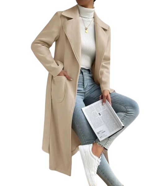 Solid Gogh Coat With Pockets For Women - Beige
