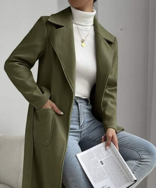 Solid Gogh Coat With Pockets For Women - Olive