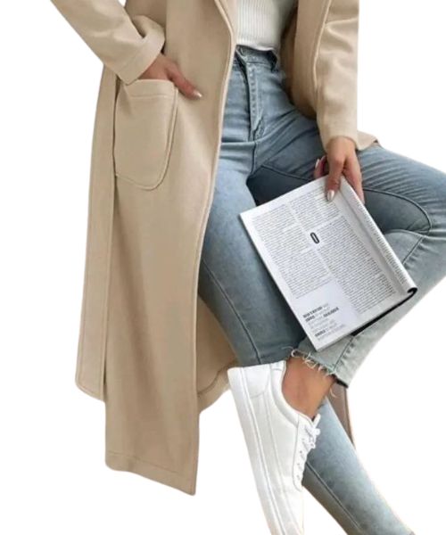 Solid Gogh Coat With Pockets For Women - Beige