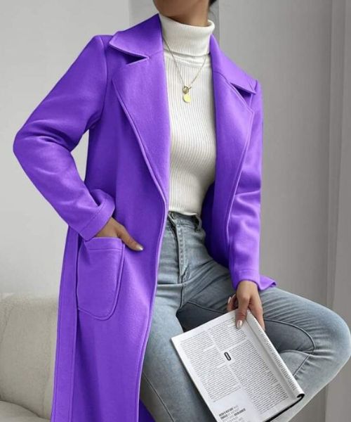 Solid Gogh Coat With Pockets For Women - Purple