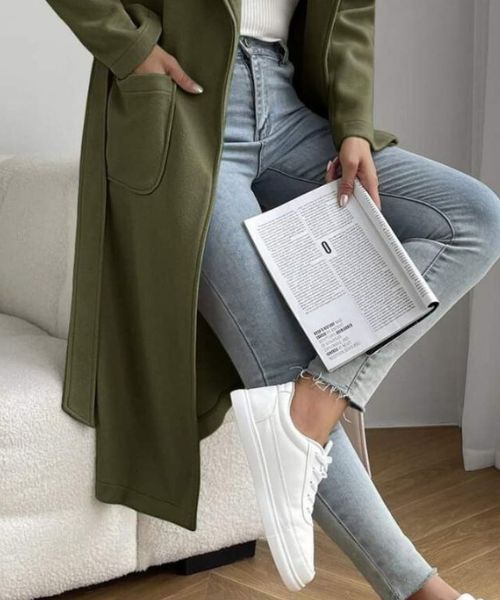 Solid Gogh Coat With Pockets For Women - Olive
