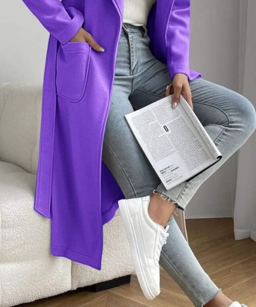 Solid Gogh Coat With Pockets For Women - Purple