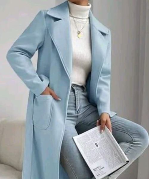 Solid Gogh Coat With Pockets For Women - Light Blue